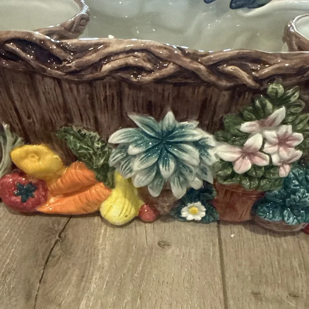 RARE Vintage Fitz and Floyd Coq‎ Du Village Rooster 2 Herb Pots and Tray Planter